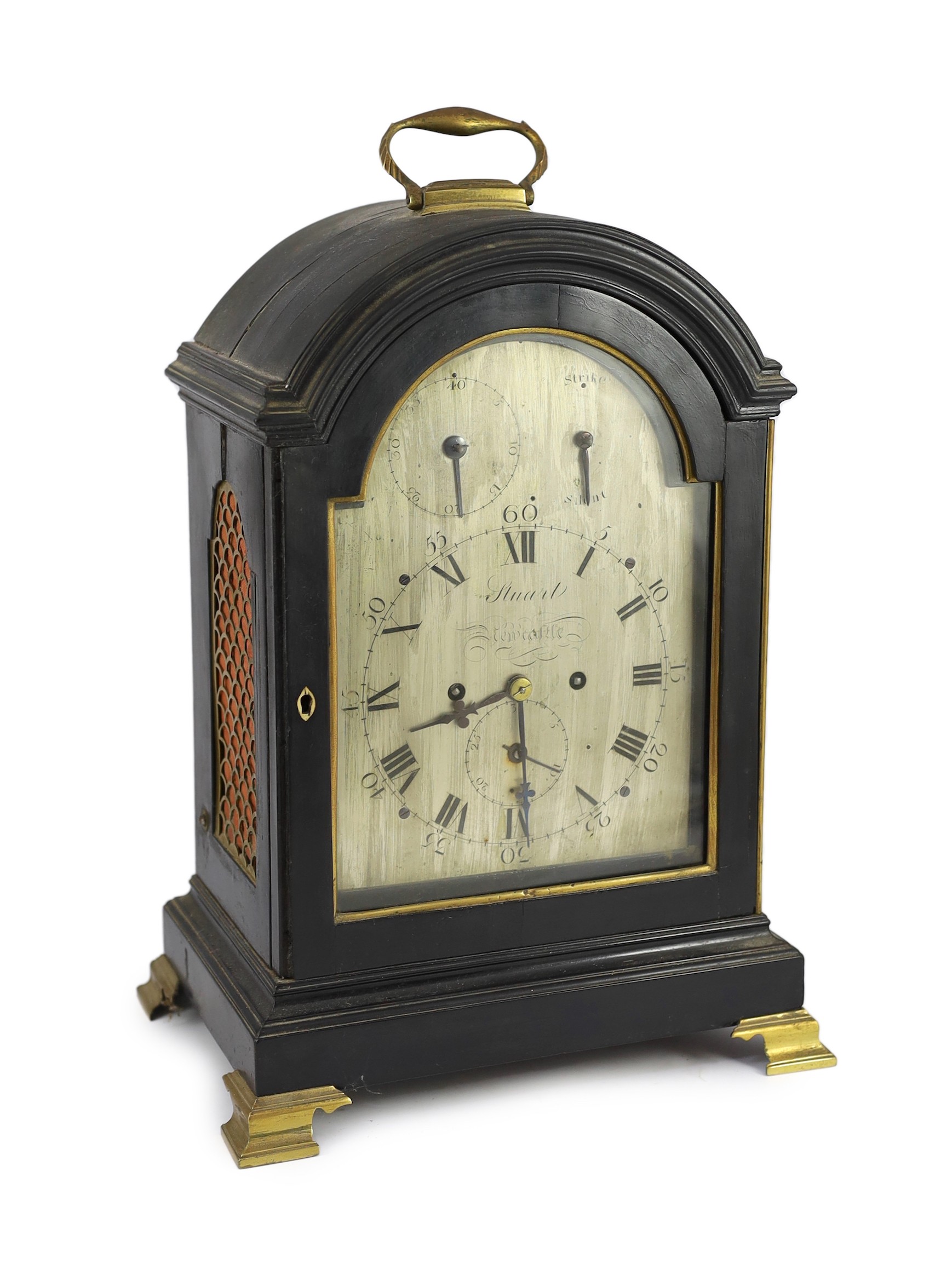 Stuart of Newcastle. A George III ebonised bracket clock, width 28cm depth 20cm height 41cm
